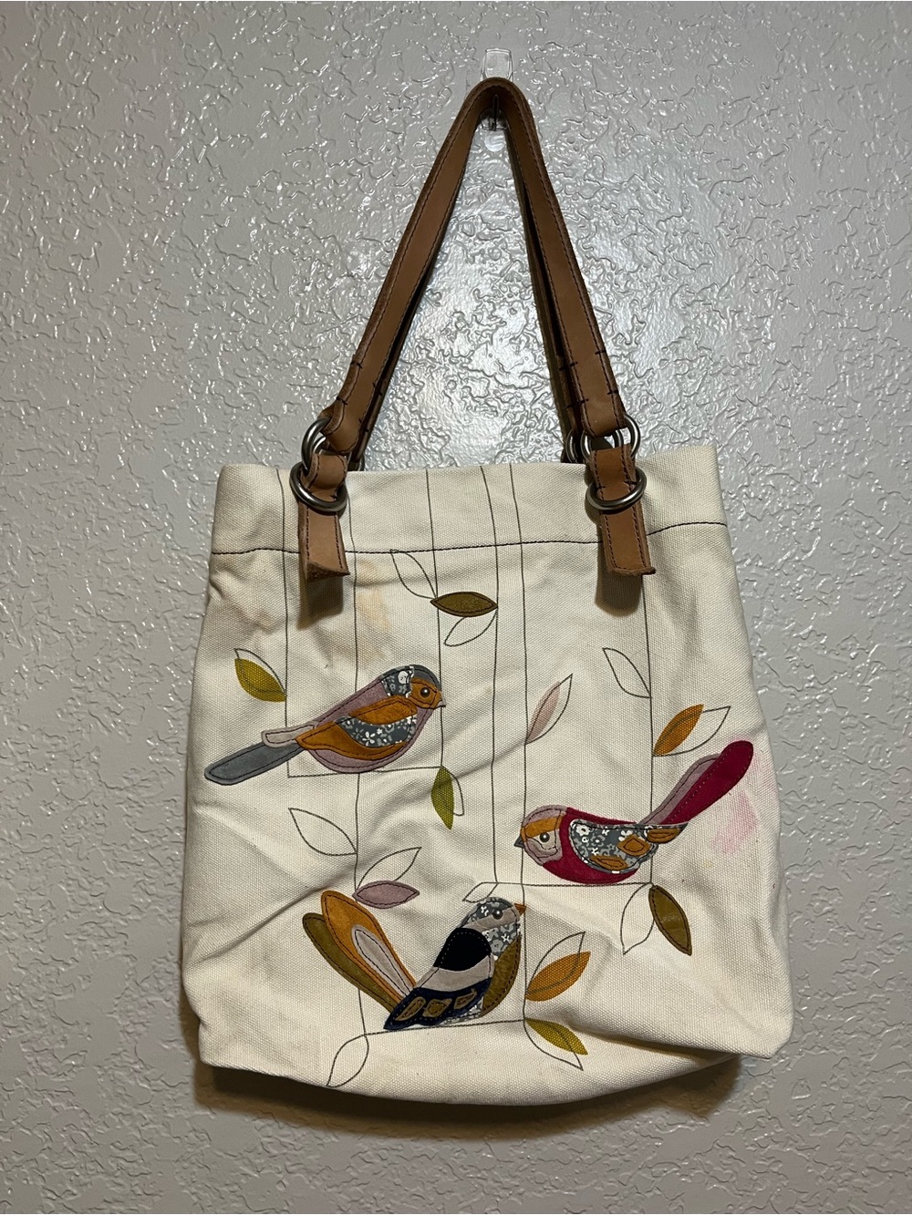 Fossil Jesse Bird Pattern Canvas Tote Bag Shopper Shoulder Handbag with leather